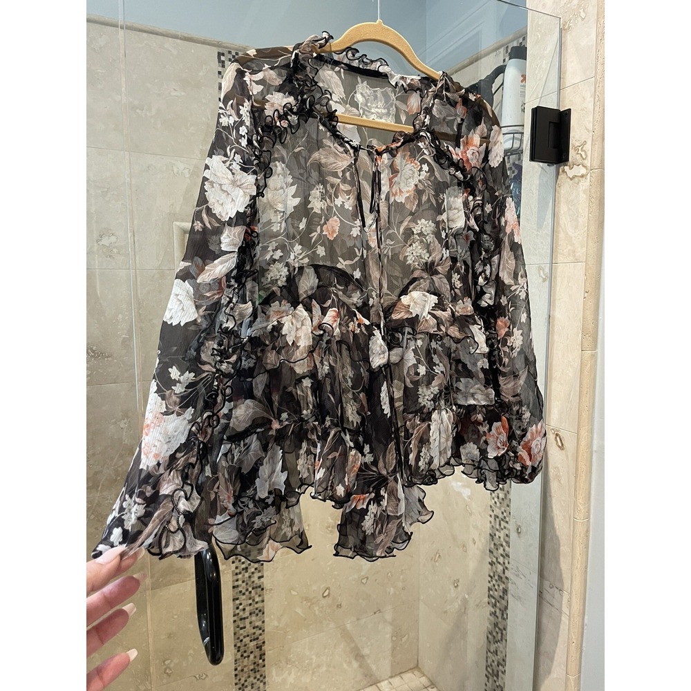 Johnny Was Love Silk Floral Tunic Top Semi Sheer Ruffle Asymmetrical BOHO M